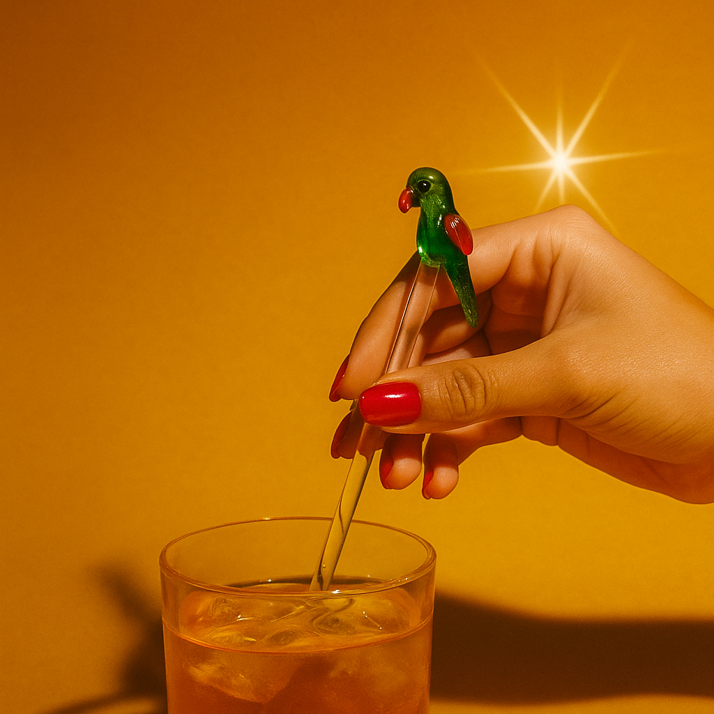 Hand with red nail polish holding a green parrot cocktail stirrer over a glass of orange liquid against an orange background.