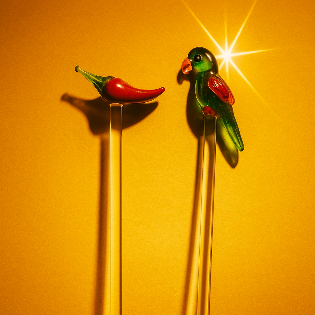 Two glass stirrers shaped like a red chili pepper and a green parrot on an orange background.