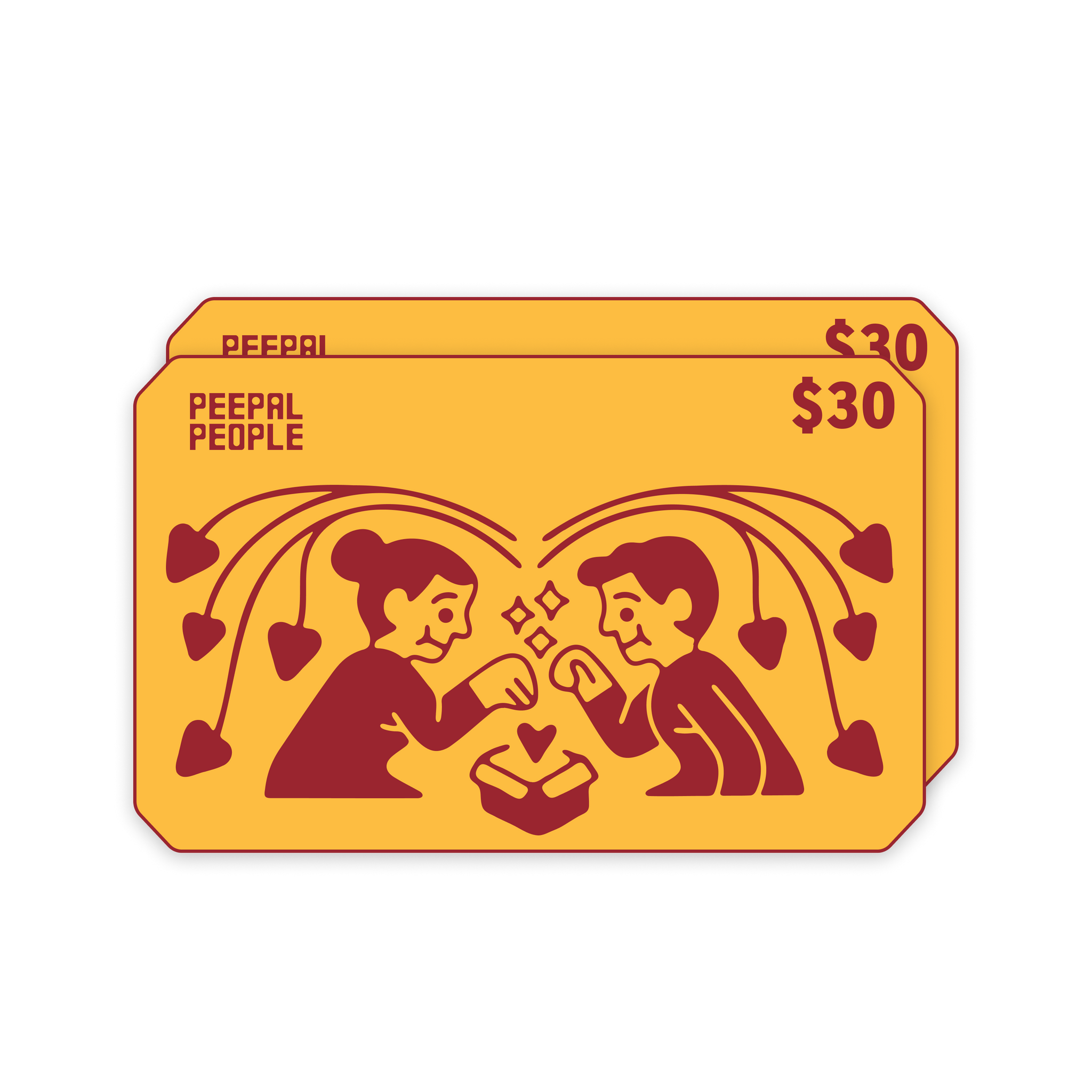 Yellow gift card with red illustrations of two people exchanging hot sauce gift