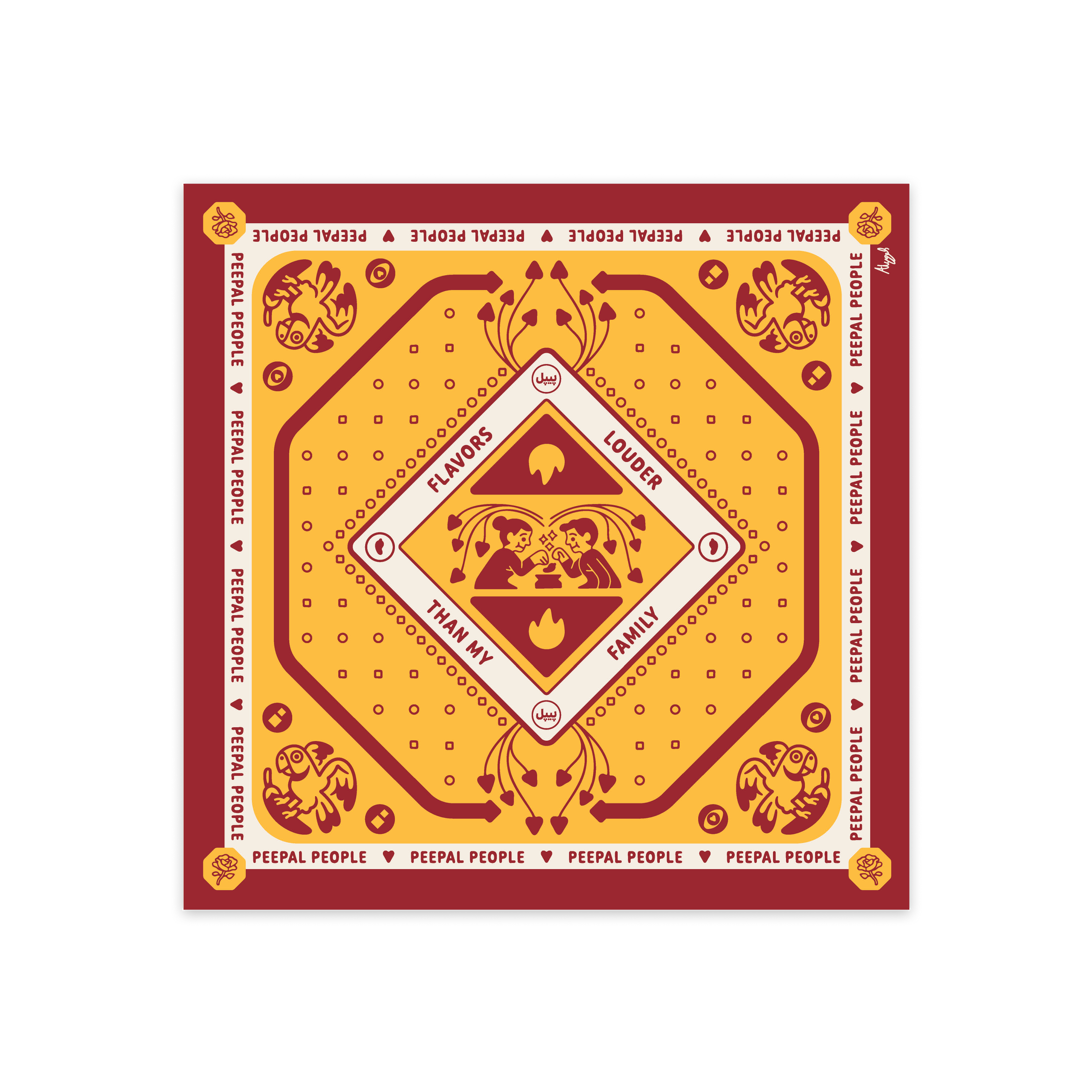 Yellow and red bandana with intricate patterns and text on a white background