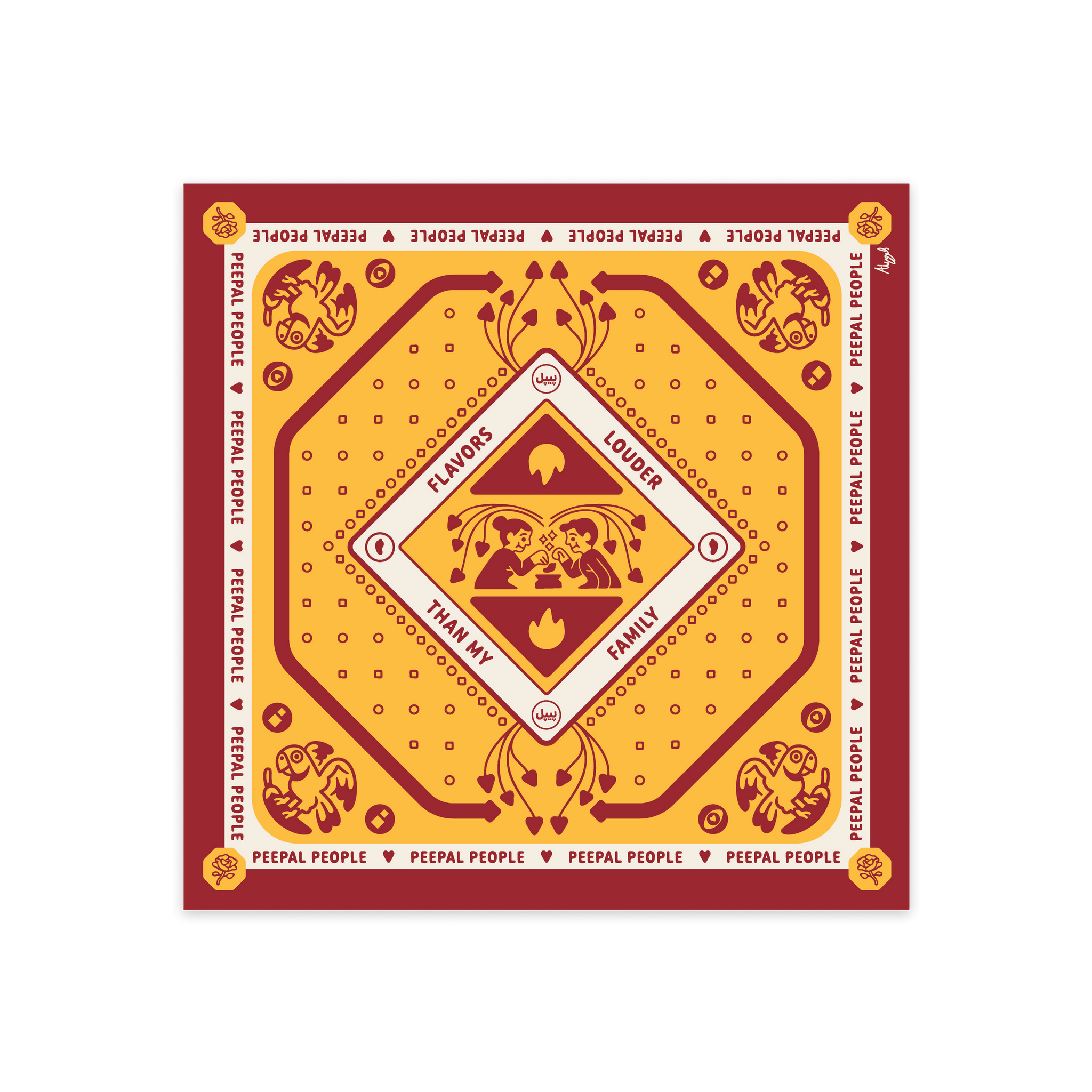 Yellow and red bandana with intricate patterns and text on a white background