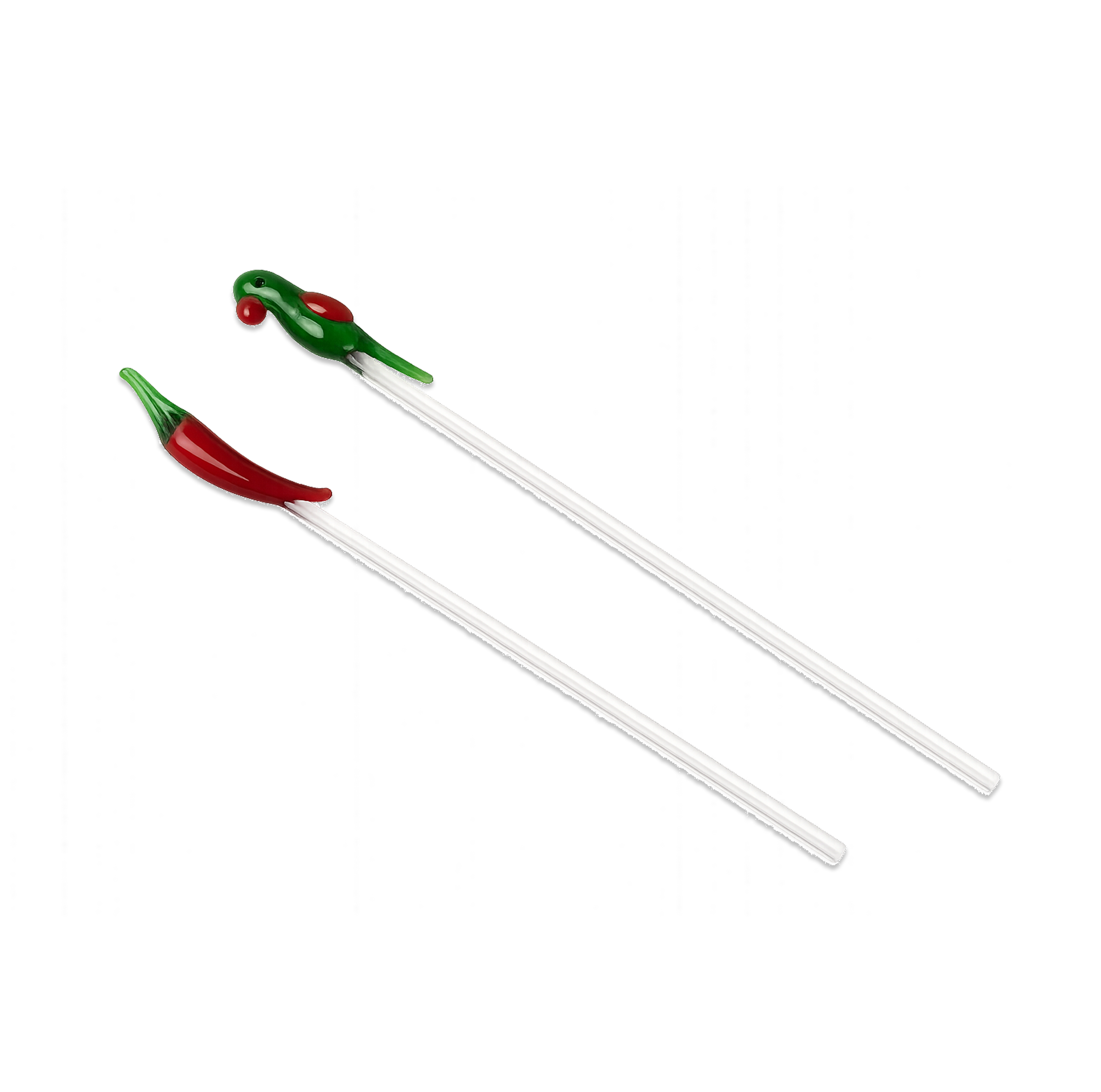 Two cocktail stir sticks with red and green chili pepper ends on a white background