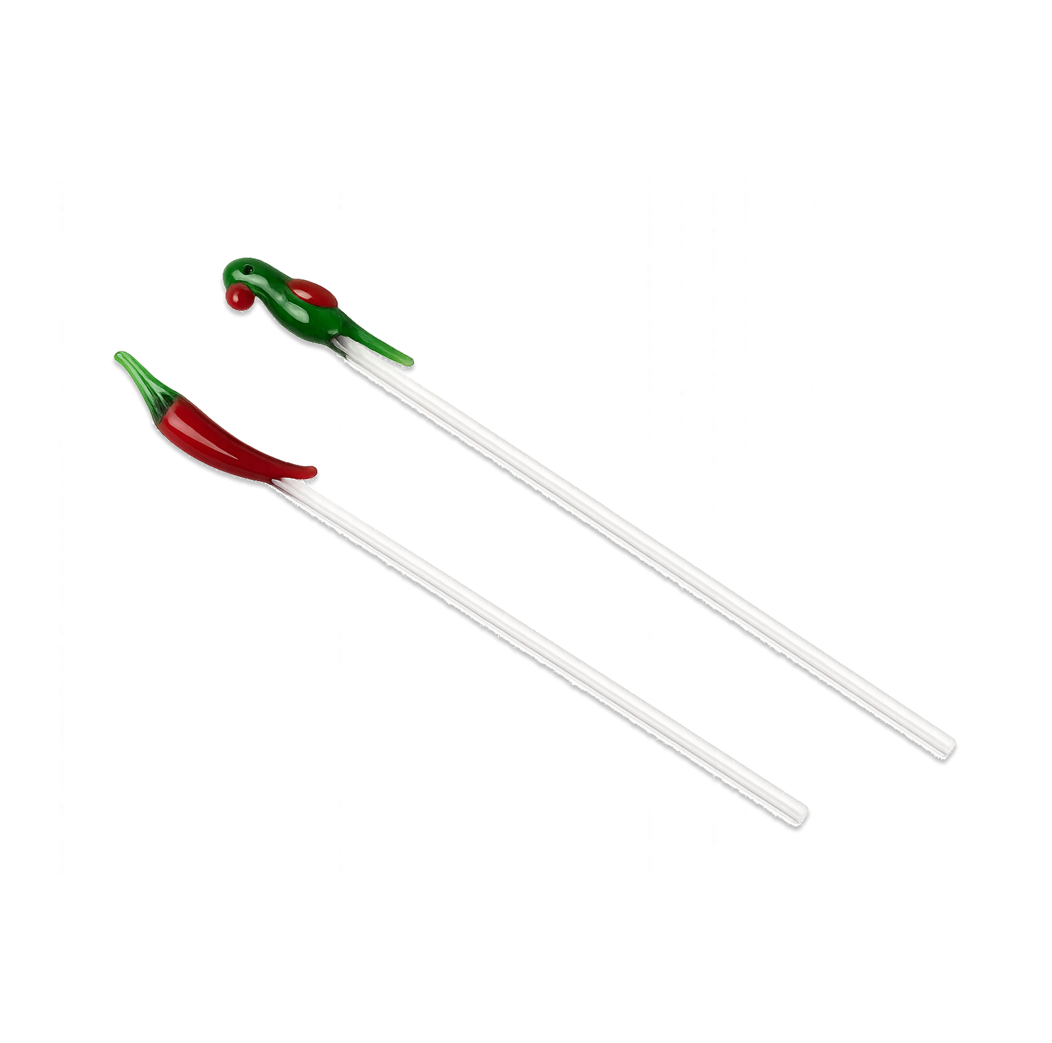 Two cocktail stir sticks with red and green chili pepper ends on a white background